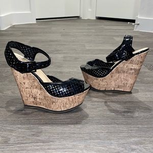 Black Patent Leather Delicious Wedge Sandals Size 7.5